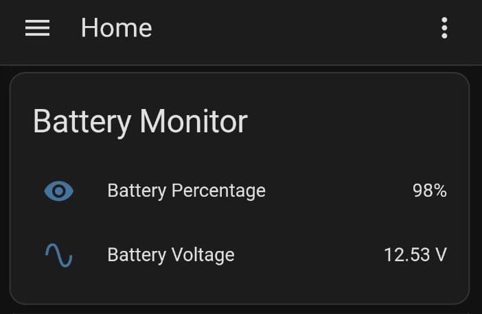 Home Assistant card titled Battery Monitor with Battery Percentage 98% and Battery Voltage 12.53 V