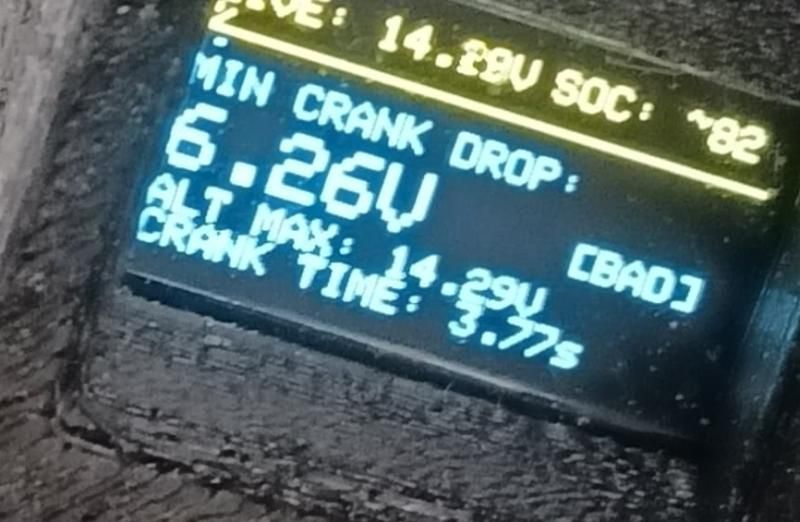 Close-up of the OLED after a crank test: live 14.29 V, minimum crank drop 6.26 V marked BAD, alternator max 14.29 V, crank time 3.77 s