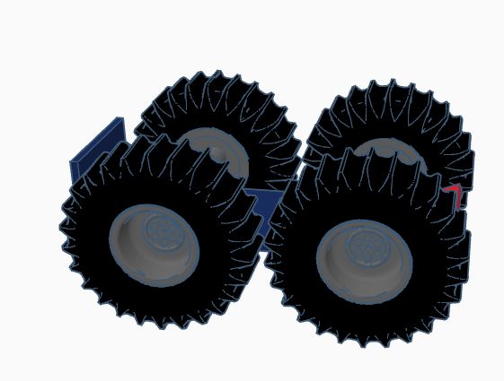 Tinkercad render of an early design: four large treaded wheels around a blue body