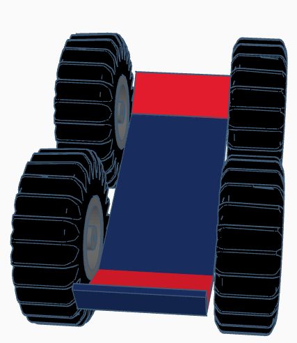 Tinkercad render of an early chassis: a red and blue floor pan between four large wheels