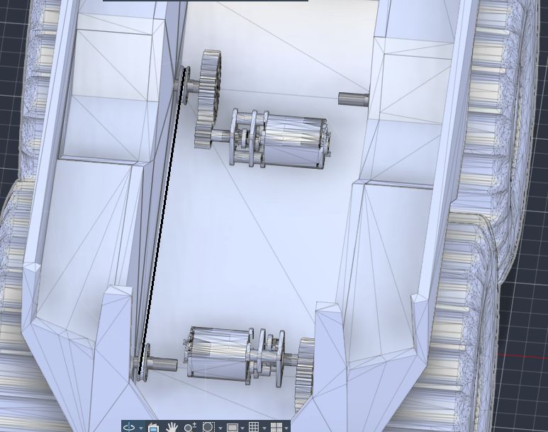 Tinkercad render of the inside of the body with an N20 motor and gears at each end