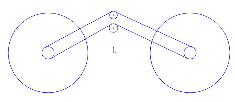Line sketch of two wheels with belts running up to a high shaft between them