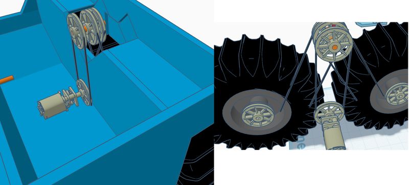 Tinkercad renders of the direct-fit layout: a pulley inside the body and a belt linking the front and rear wheels