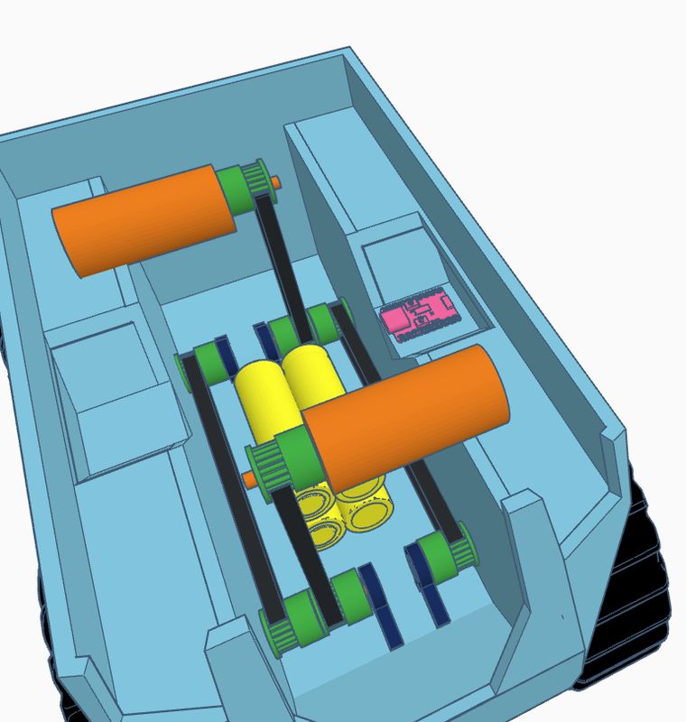 Tinkercad render with motors raised into the side boxes and batteries lying on the floor