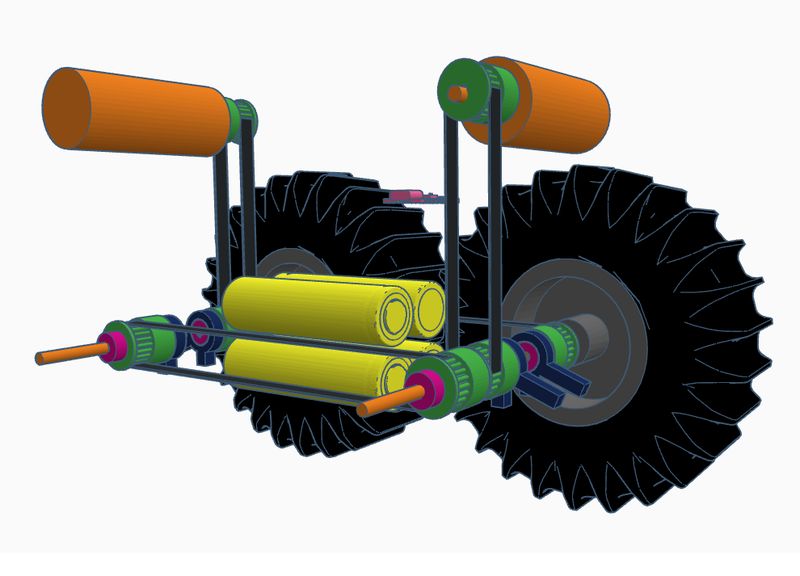 Tinkercad render of the drivetrain with belts running inside the body over an idler pulley