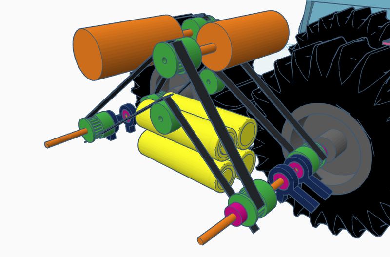 Angled Tinkercad view of the inside-belt layout with motors, batteries and wheels